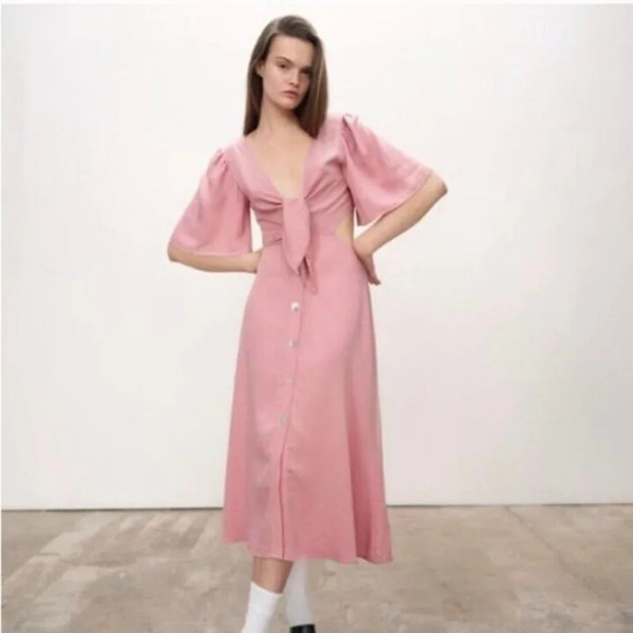 Zara Tie Bow Front Cut  Out Midi Dress Light Pink NWT Size XL - Picture 2 of 10
